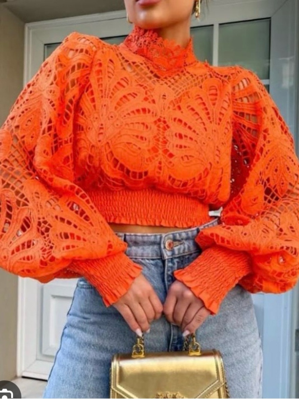 CHICME Women's Orange Lace Cropped Puff-Sleeve Top size L